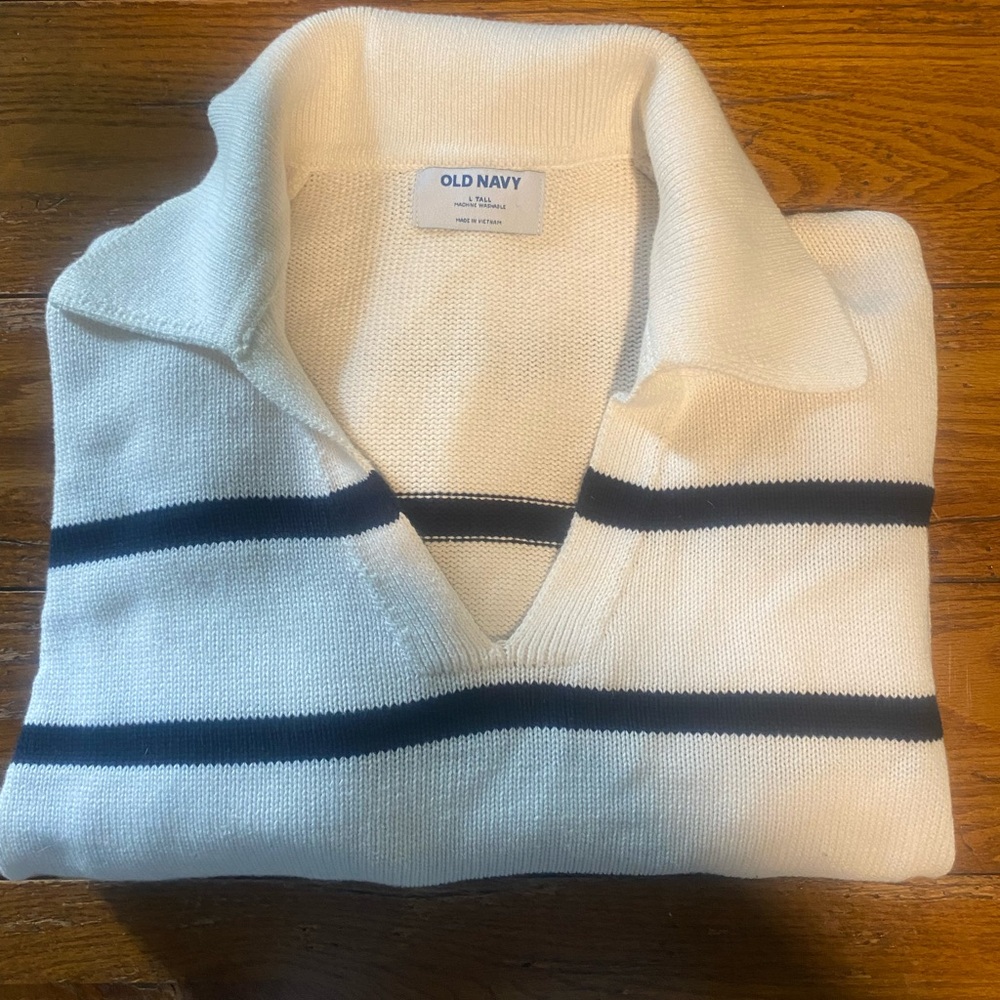 Old Navy White V-Neck Sweater with Black Stripes